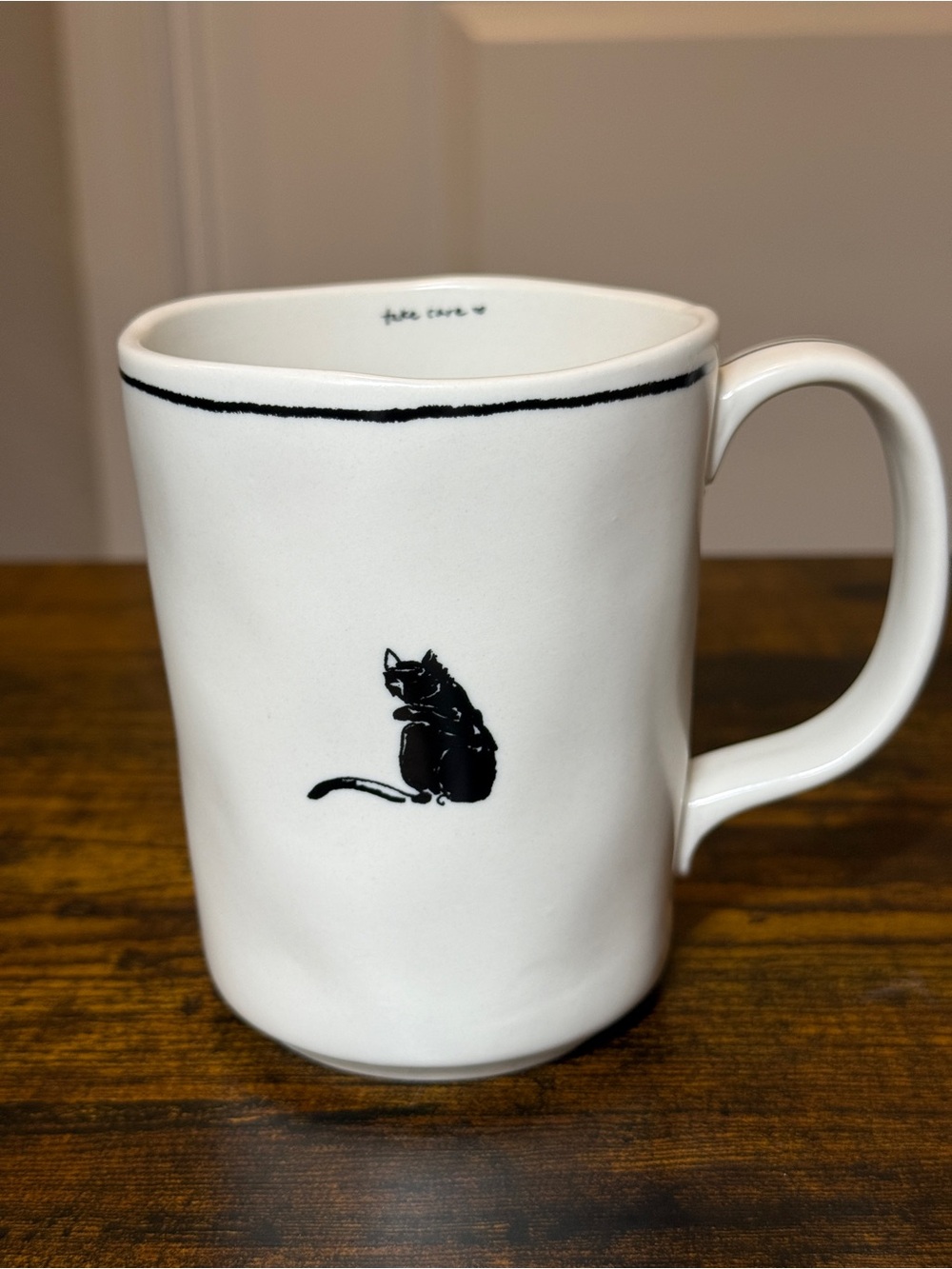 Anthropologie Black Cat Mug White Ceramic Take Care Heart Kitty Coffee Cup